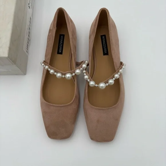 MIRAAZURRA Pearl Strap Ballet Flats Blush Nude Mary Jane Square Toe Size 7 NEW - Picture 3 of 10